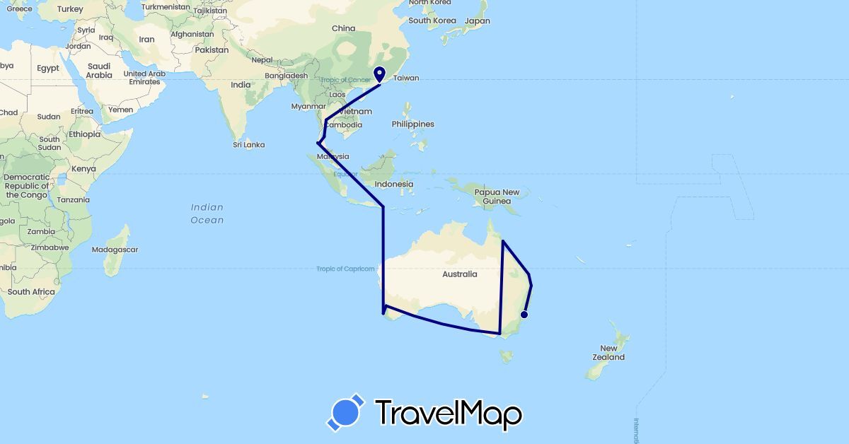 TravelMap itinerary: driving in Australia, Hong Kong, Indonesia, Thailand (Asia, Oceania)